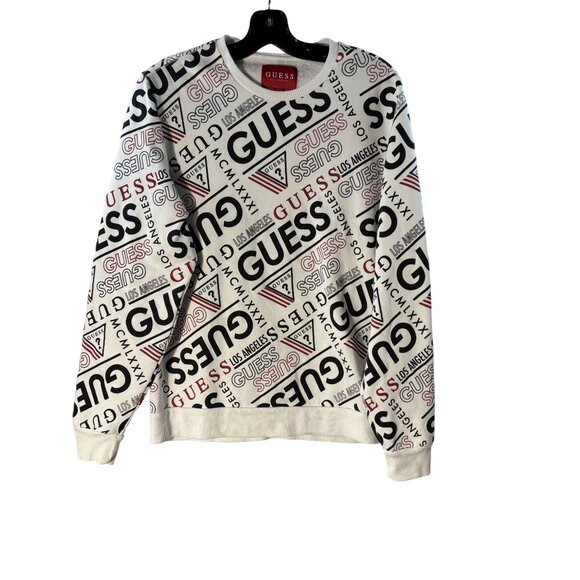 Guess Logo Print Crewneck Sweatshirt White/Black/Red L - Picture 1 of 7